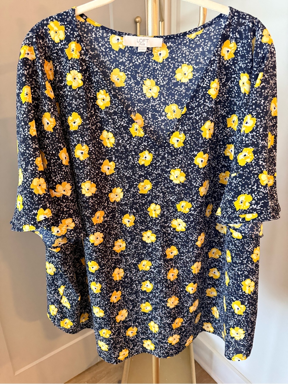 LOFT Navy Floral Flutter-Sleeve Blouse with Yellow Blooms